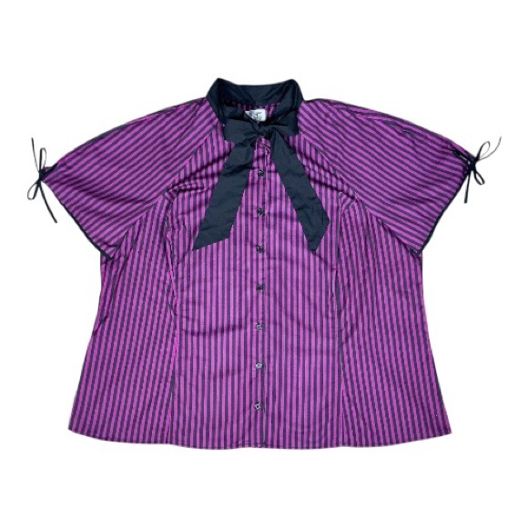 Unique Vintage Black & Fuchsia Striped Bow Short Sleeve Blouse 5X/26 - Picture 2 of 8